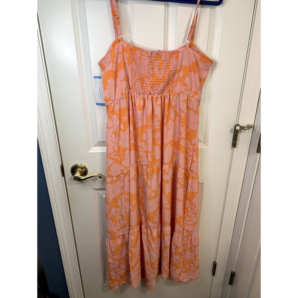 Social Standard/Sanctuary Floral Smocked Pink & Orange Dress Size Large NWT - Picture 2 of 5